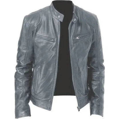 Mens Leather Zipper PU Stand Collar Slim Jacket