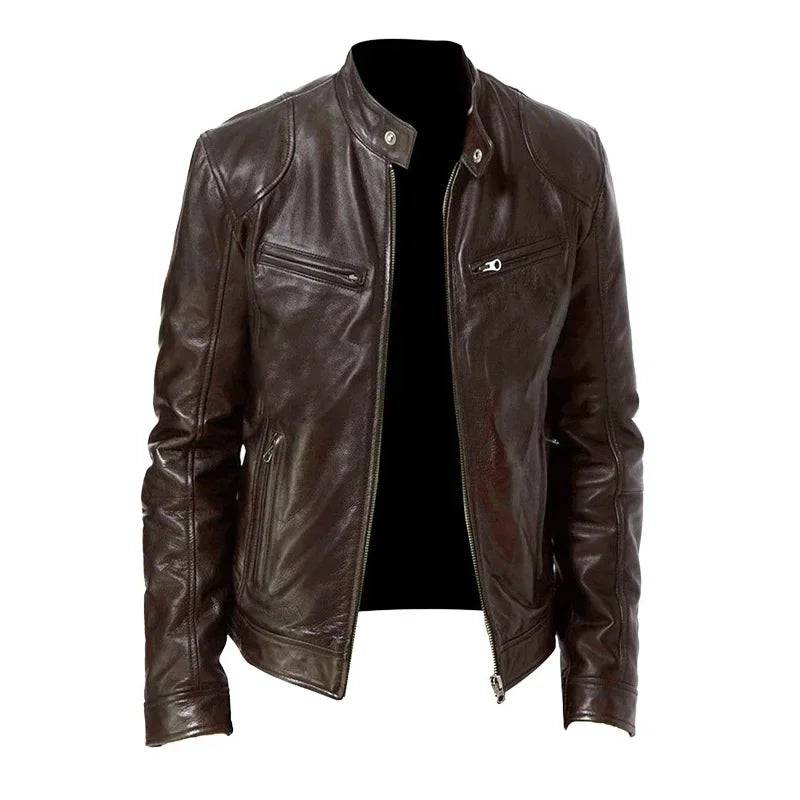 Mens Leather Zipper PU Stand Collar Slim Jacket