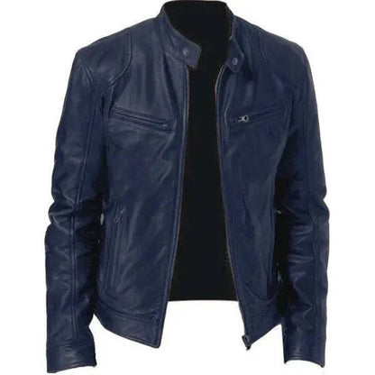 Mens Leather Zipper PU Stand Collar Slim Jacket