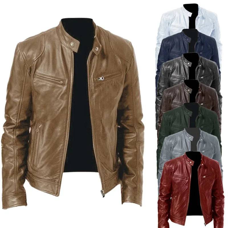 Mens Leather Zipper PU Stand Collar Slim Jacket