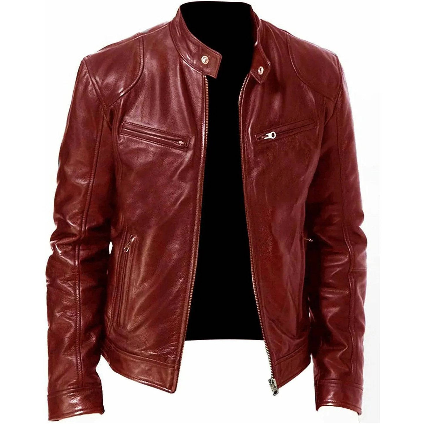 Mens Leather Zipper PU Stand Collar Slim Jacket