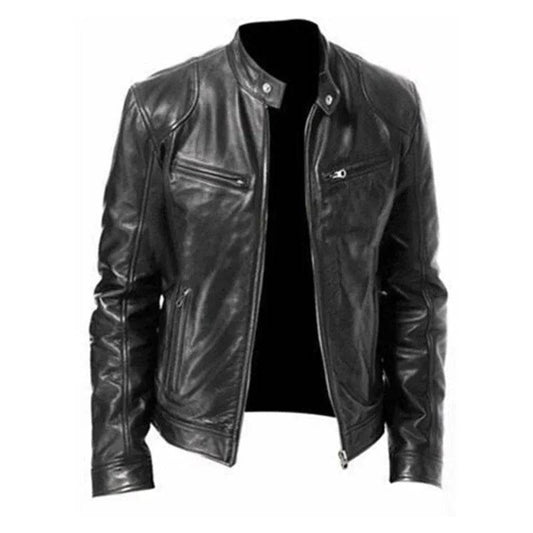 Mens Leather Zipper PU Stand Collar Slim Jacket