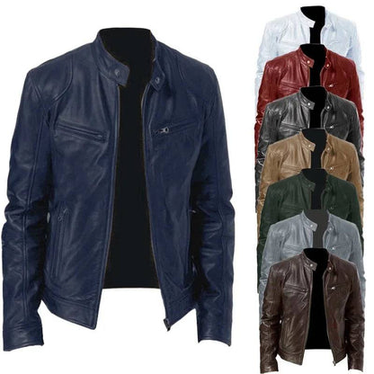 Mens Leather Zipper PU Stand Collar Slim Jacket