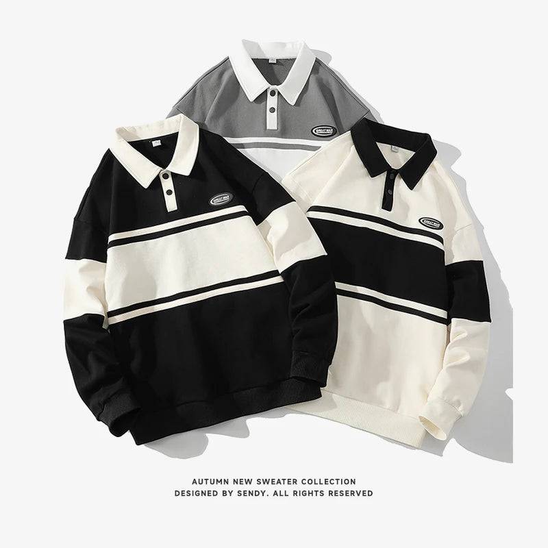 Polo Shirt Men Long Sleeves  Striped Tops