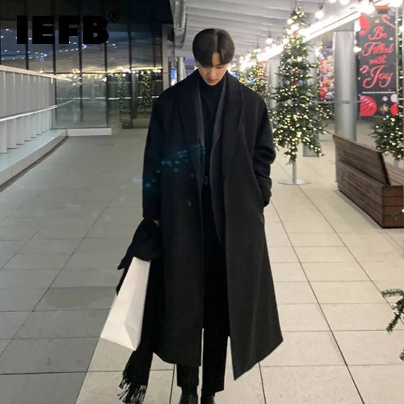 Men's Relaxed Fit Single-breasted Long Sleeve Woolen Long Coat - Xmaker