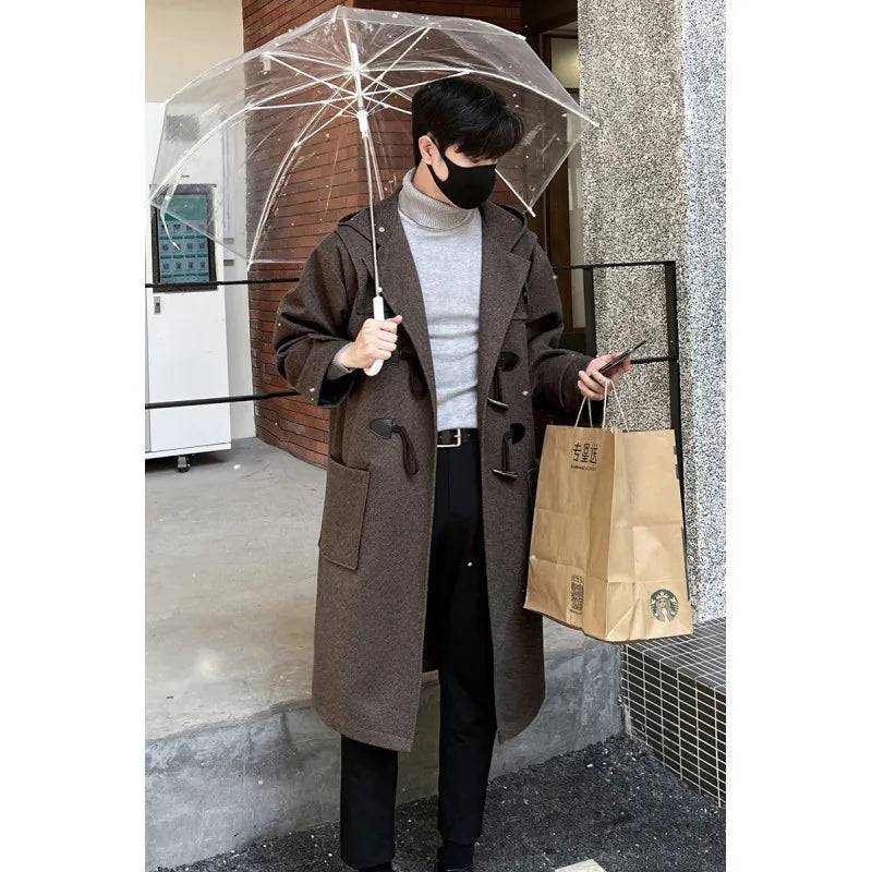 Men's Woolen Trench Casual Long Windbreaker Winter Hooded Jacket Coats