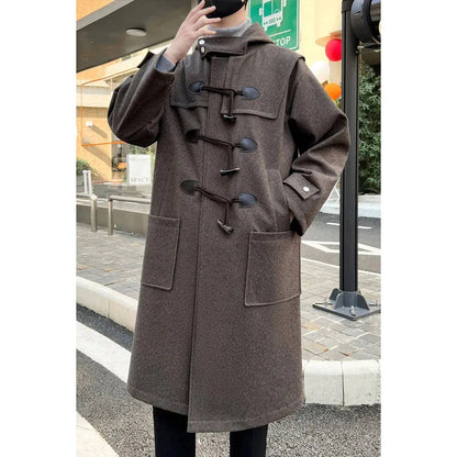 Men's Woolen Trench Casual Long Windbreaker Winter Hooded Jacket Coats