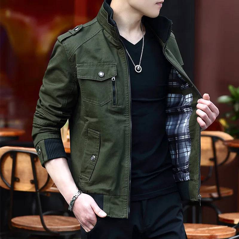 Collar Denim Cargo Coat Men's Jacket Men's Zipper Pocket Stitching Slim Jacket