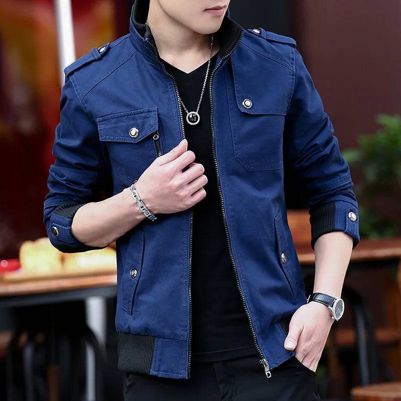 Collar Denim Cargo Coat Men's Jacket Men's Zipper Pocket Stitching Slim Jacket