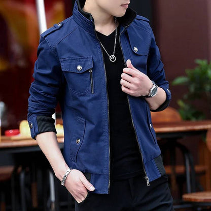 Collar Denim Cargo Coat Men's Jacket Men's Zipper Pocket Stitching Slim Jacket