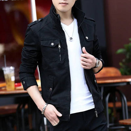 Collar Denim Cargo Coat Men's Jacket Men's Zipper Pocket Stitching Slim Jacket