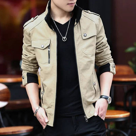 Collar Denim Cargo Coat Men's Jacket Men's Zipper Pocket Stitching Slim Jacket