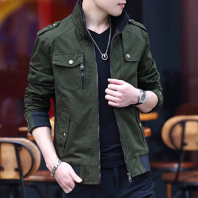 Collar Denim Cargo Coat Men's Jacket Men's Zipper Pocket Stitching Slim Jacket