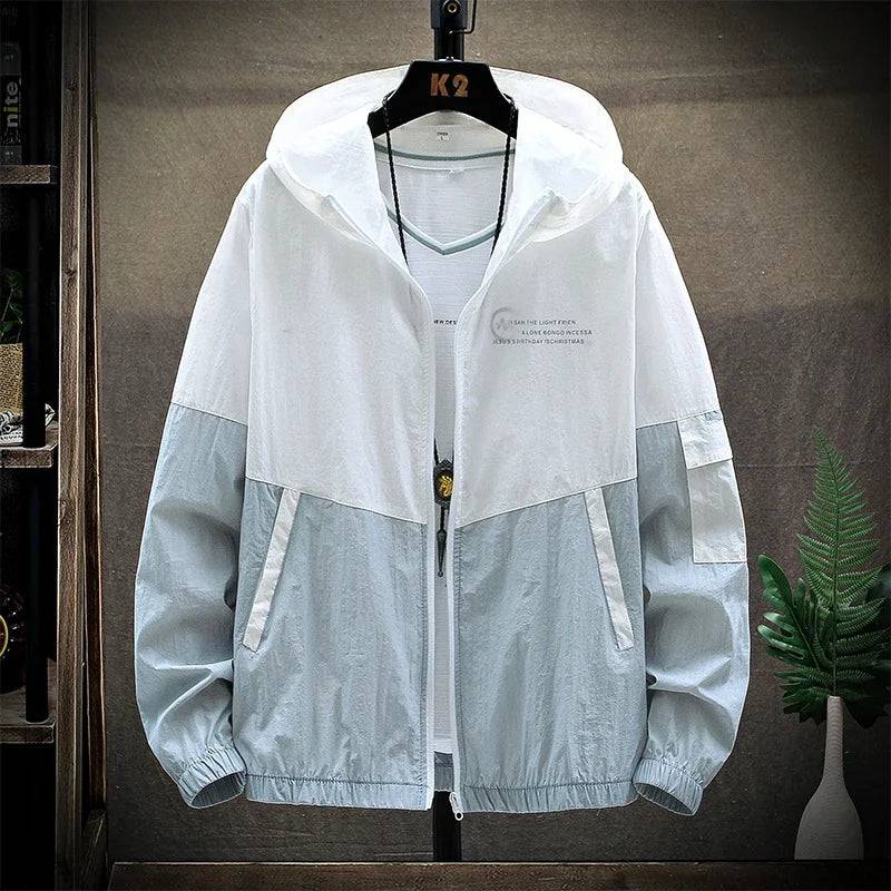 Men Ultra Light UV Sun Protection Big Size Hooded Windbreaker Jacket Men Striped Casual Outwear