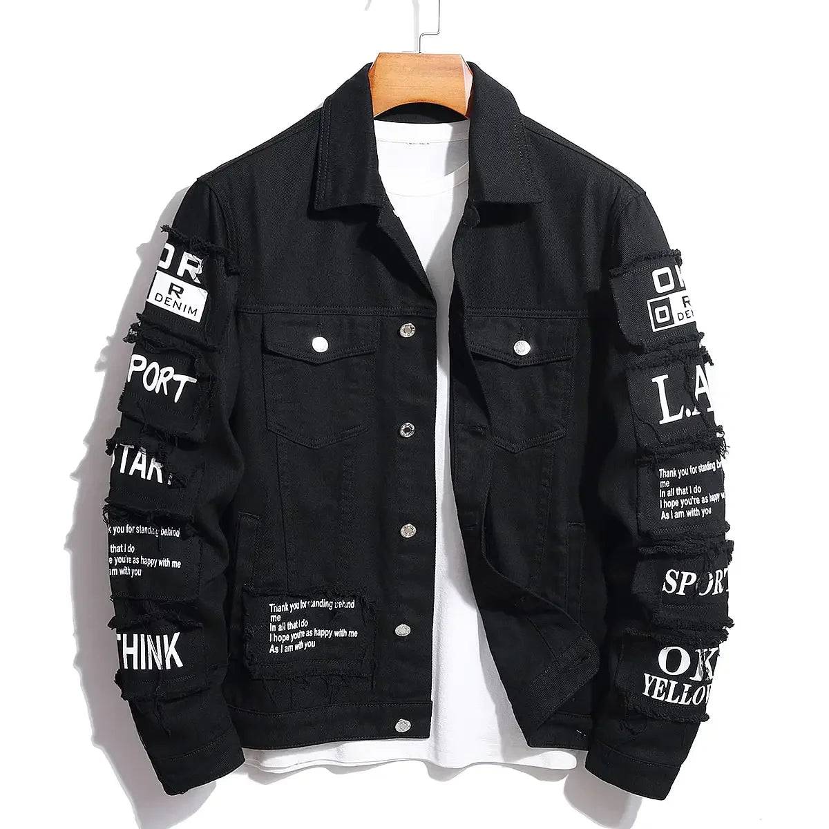 Men's y2k Denim Jeans Jacket Patches Windbreaker Cotton Stretchy