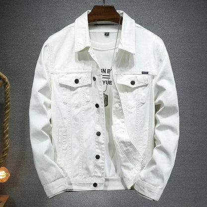 Men Solid Lapel Denim Jackets Motorcycle Jeans Jackets Slim Fit Cotton Casual Black White Coats