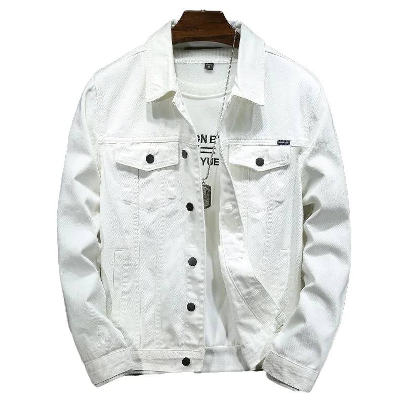 Men Solid Lapel Denim Jackets Motorcycle Jeans Jackets Slim Fit Cotton Casual Black White Coats