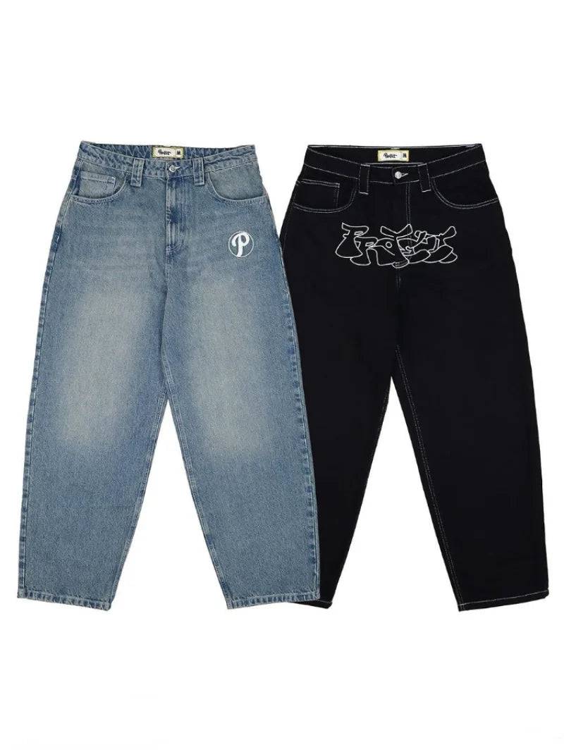 Men Retro  Baggy Casual Wide Leg Jeans Print Jeans - Xmaker