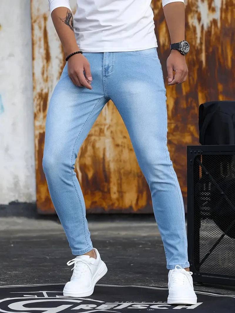 Men Retro Washing Zipper Stretch Slim Fit Pencil Jeans - Xmaker