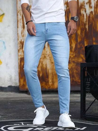 Men Retro Washing Zipper Stretch Slim Fit Pencil Jeans