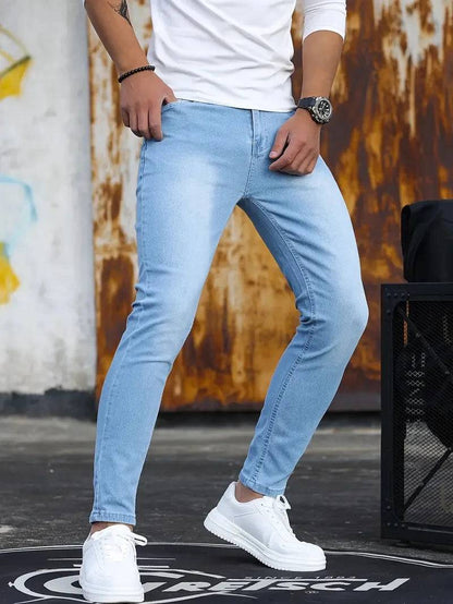 Men Retro Washing Zipper Stretch Slim Fit Pencil Jeans