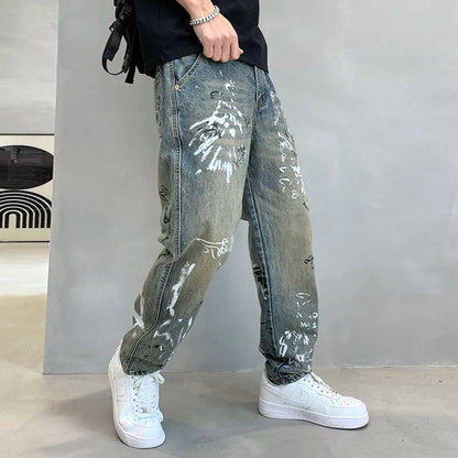 Tapered Washed Vintage Graffiti Print Loose Denim Wide Leg Pants Mens