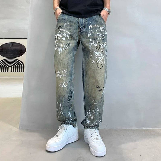 Tapered Washed Vintage Graffiti Print Loose Denim Wide Leg Pants Mens