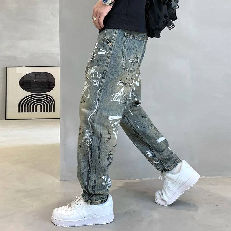 Tapered Washed Vintage Graffiti Print Loose Denim Wide Leg Pants Mens