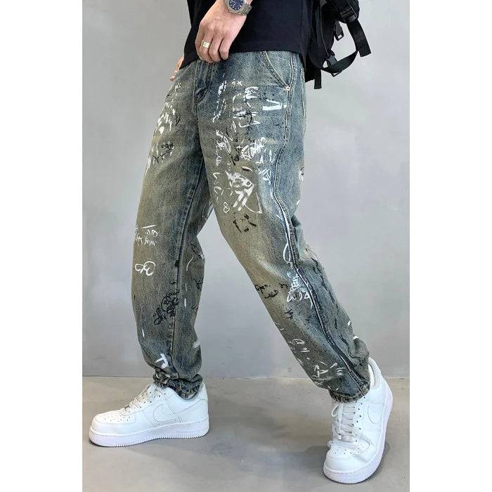 Tapered Washed Vintage Graffiti Print Loose Denim Wide Leg Pants Mens