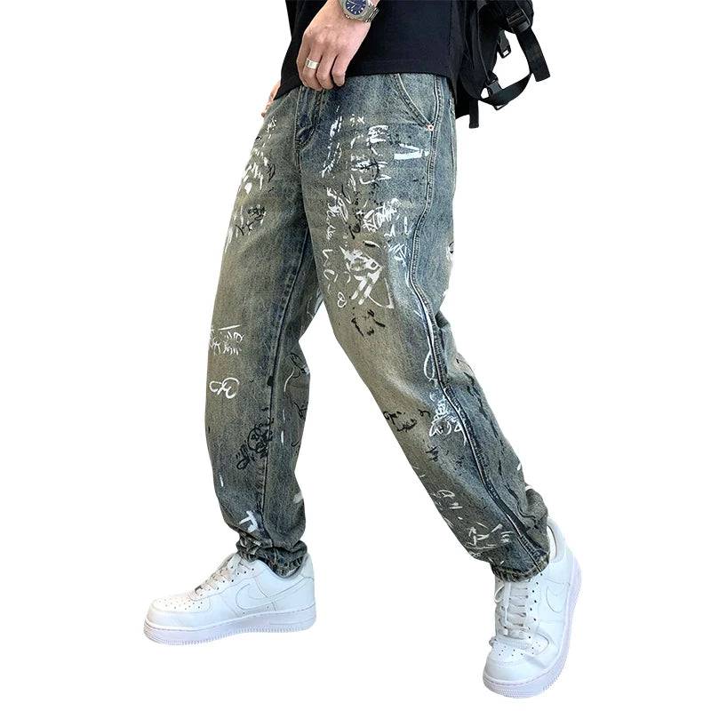 Tapered Washed Vintage Graffiti Print Loose Denim Wide Leg Pants Mens