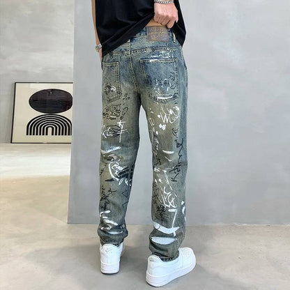 Tapered Washed Vintage Graffiti Print Loose Denim Wide Leg Pants Mens