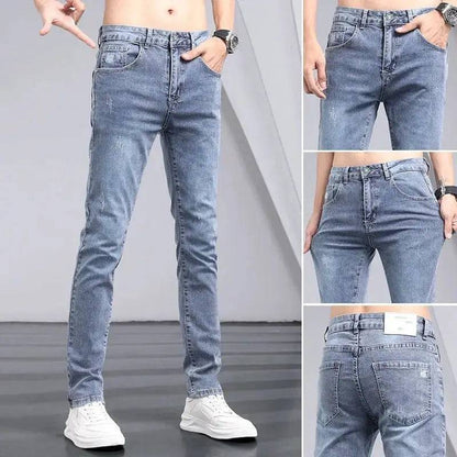 Blue Washed Korean Casual Solid Slim Cowboy Stretch Denim Pants Tight Men Jeans