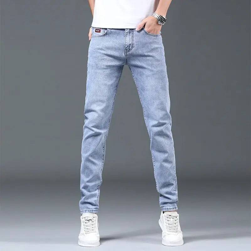 Blue Washed Korean Casual Solid Slim Cowboy Stretch Denim Pants Tight Men Jeans