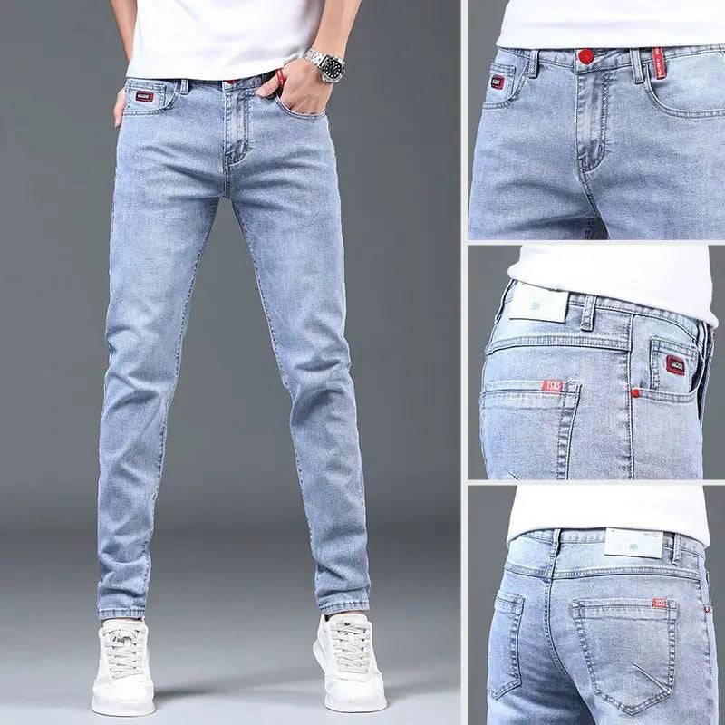 Blue Washed Korean Casual Solid Slim Cowboy Stretch Denim Pants Tight Men Jeans