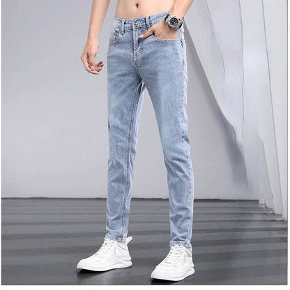 Blue Washed Korean Casual Solid Slim Cowboy Stretch Denim Pants Tight Men Jeans