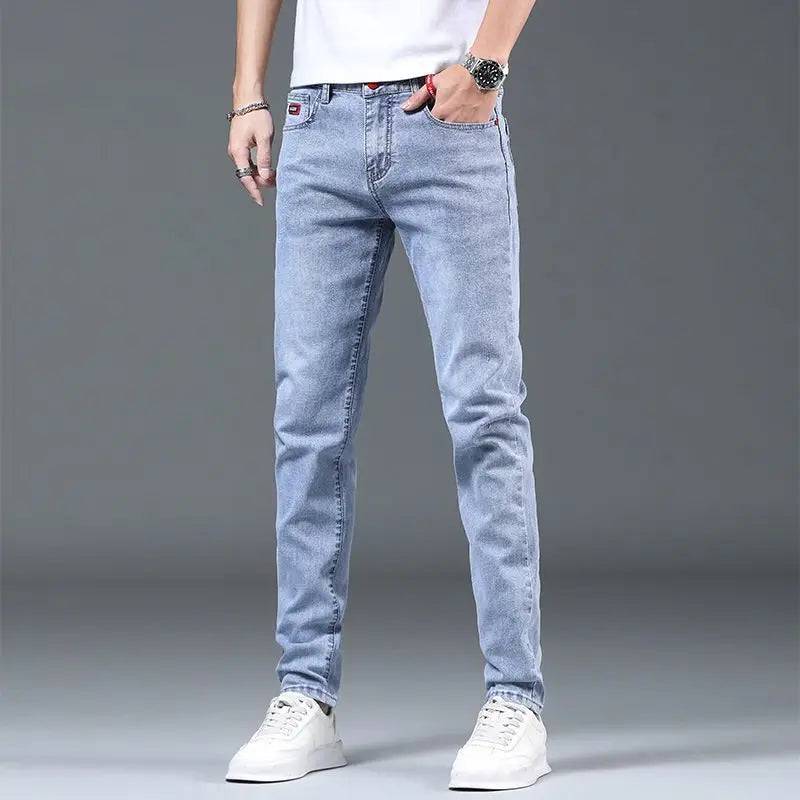 Blue Washed Korean Casual Solid Slim Cowboy Stretch Denim Pants Tight Men Jeans