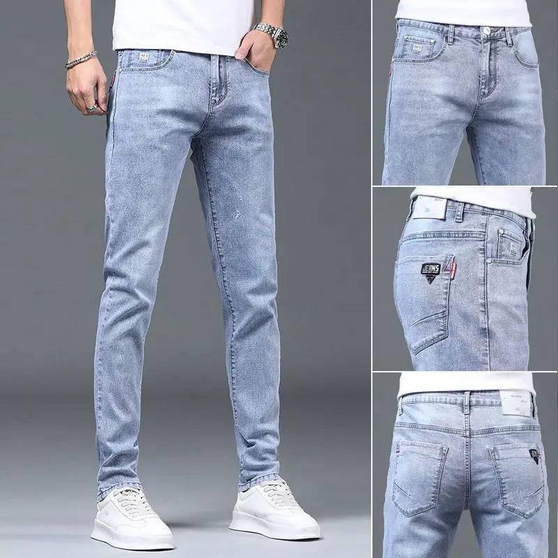 Blue Washed Korean Casual Solid Slim Cowboy Stretch Denim Pants Tight Men Jeans