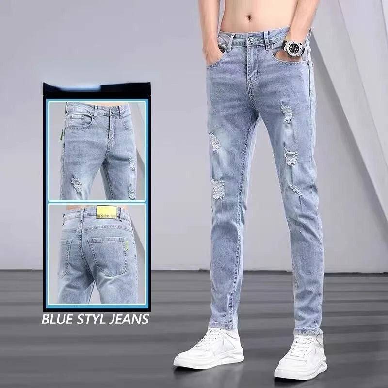 Blue Washed Korean Casual Solid Slim Cowboy Stretch Denim Pants Tight Men Jeans