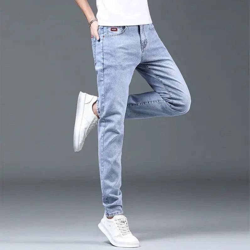 Blue Washed Korean Casual Solid Slim Cowboy Stretch Denim Pants Tight Men Jeans