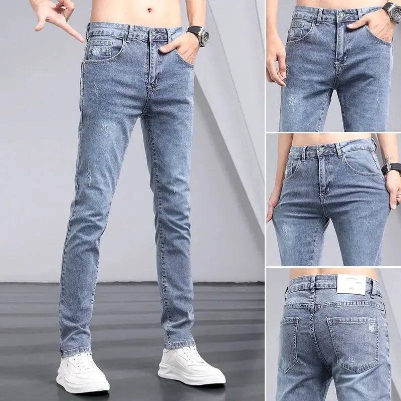 Blue Washed Korean Casual Solid Slim Cowboy Stretch Denim Pants Tight Men Jeans - Xmaker