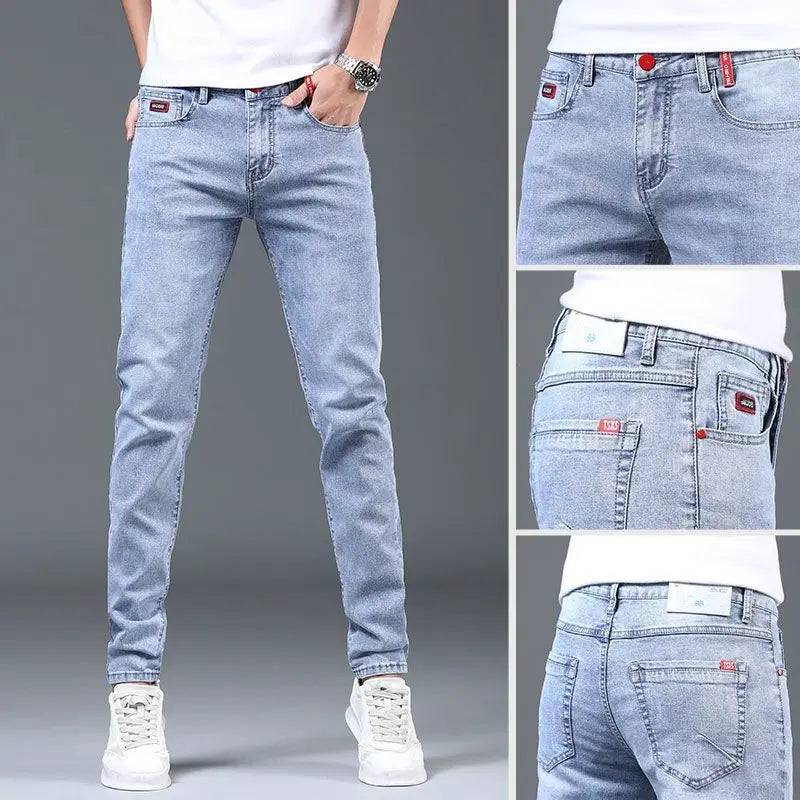 Blue Washed Korean Casual Solid Slim Cowboy Stretch Denim Pants Tight Men Jeans - Xmaker