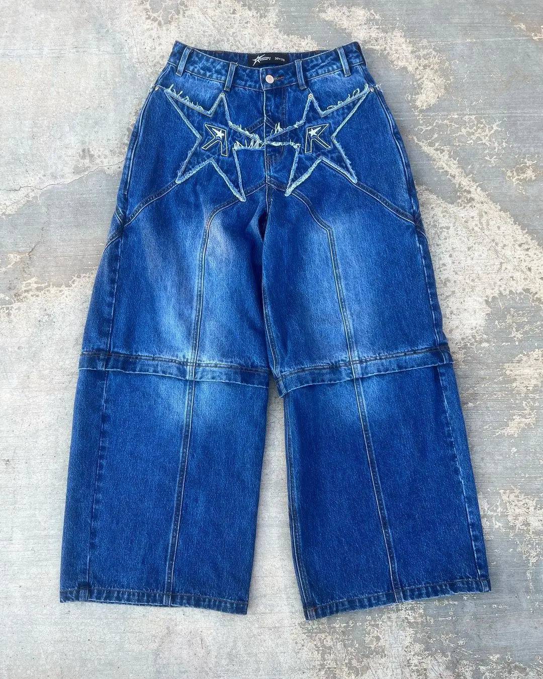 Men Retro Embroidered Washed Distressed Baggy Wide-leg Straight Jeans