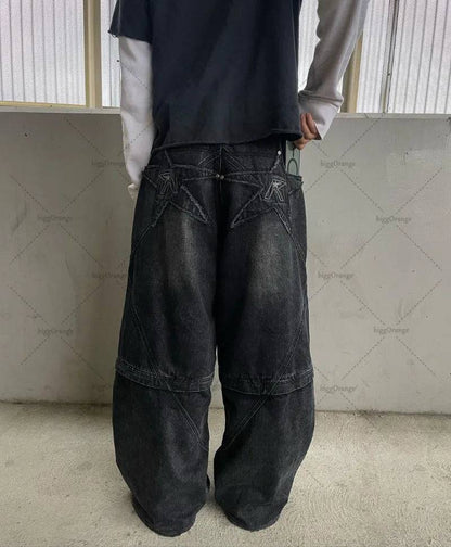 Men Retro Embroidered Washed Distressed Baggy Wide-leg Straight Jeans