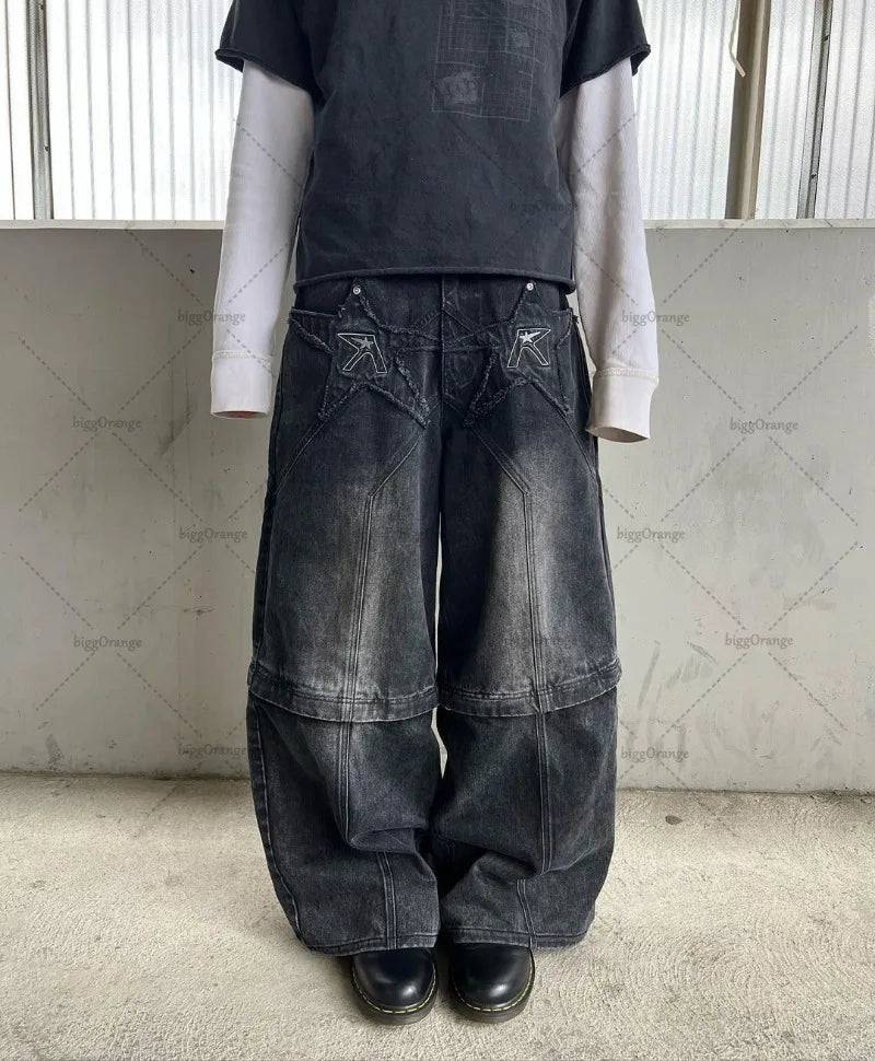 Men Retro Embroidered Washed Distressed Baggy Wide-leg Straight Jeans