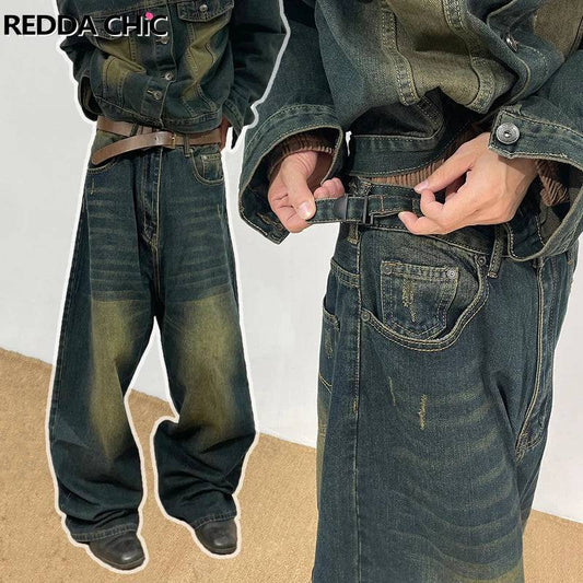 Men Retro Skater Oversized Wash Adjust-waist Wide Leg Brushed Baggy Jeans Y2k