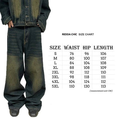 Men Retro Skater Oversized Wash Adjust-waist Wide Leg Brushed Baggy Jeans Y2k