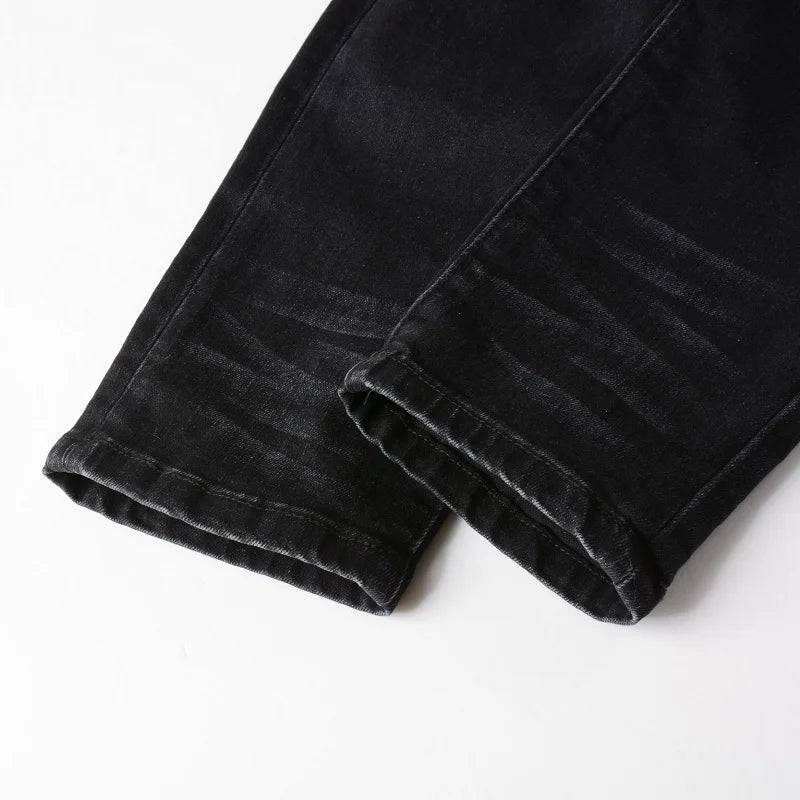 Men's Cracked Red Pleated Patch Biker Jeans Streetwear Patchwork Stretch Denim Pants Skinny Tapered Black