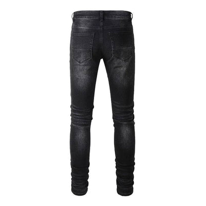 Men's Cracked Red Pleated Patch Biker Jeans Streetwear Patchwork Stretch Denim Pants Skinny Tapered Black