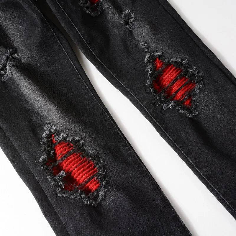 Men's Cracked Red Pleated Patch Biker Jeans Streetwear Patchwork Stretch Denim Pants Skinny Tapered Black