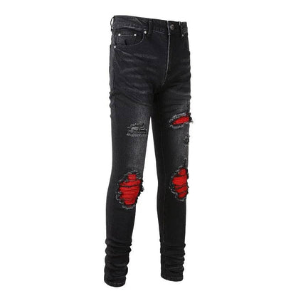 Men's Cracked Red Pleated Patch Biker Jeans Streetwear Patchwork Stretch Denim Pants Skinny Tapered Black